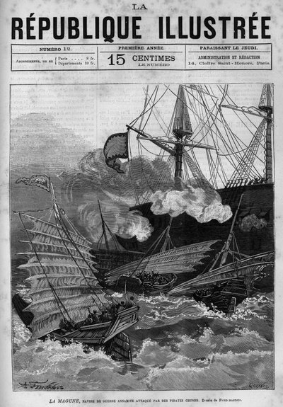 Piractwo: okręt wojenny Annamite „La Magune” zaatakowany przez chińskich piratów. Gazeta. Rycina z 1880 r. w prywatnej kolekcji „La republique illustree”. autorstwa French School