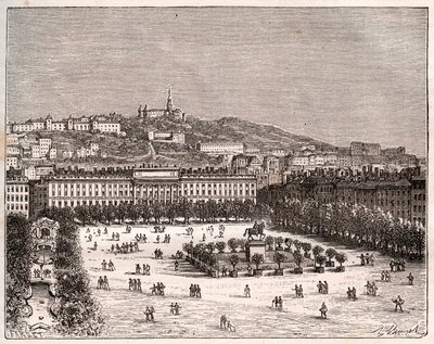Place Bellecour lub Place Louis-le-Grand - największy plac w Lyonie - rycina w „La France illustrée: geografia, historia, administracja statystyczna” autorstwa V.-A. Słodowy Brąz. 1884 autorstwa French School