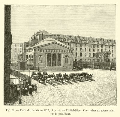 Place du Parvis w 1877 r. i wejście do Hôtel-Dieu, Widoki z tego samego punktu co poprzednie autorstwa French School