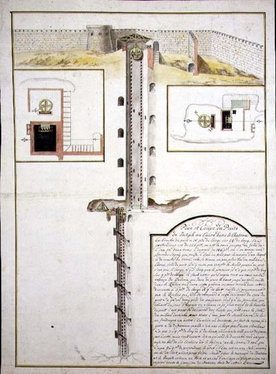 Plan i przekrój studni, ok. 1700 (akwarela na papierze) autorstwa French School