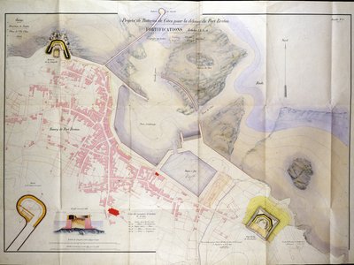 Plan budowy baterii przybrzeżnych do obrony portu Breton w 1848 roku. autorstwa French School
