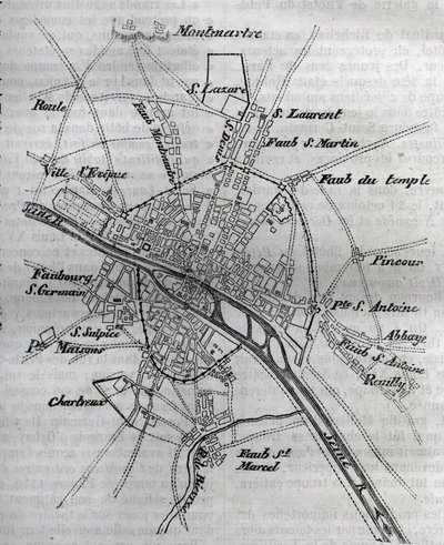 Mapa Paryża pod panowaniem Henryka III (1580) Grawerowanie w „”Fizycznej, obywatelskiej i moralnej historii Paryża: od najwcześniejszych czasów historycznych do współczesności”” Jacques Antoine Dulaure autorstwa French School