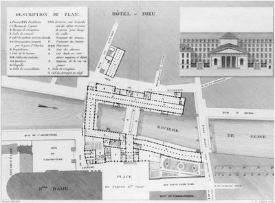 Mapa Hotel-Dieu, Paryż, ilustracja z Description des Hopitaux de Paris, rytowana przez Jacques Etienne Thierry (1750-1832) według Bessat, 1808 autorstwa French School