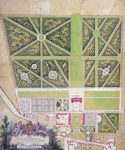 Plan zamku i parku w Roissy, należącego do hrabiego de Caraman (pióro i atrament i toaleta na papierze) autorstwa French School