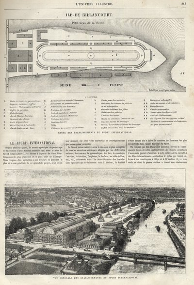 Plan założenia Międzynarodowego Sportu, który musi powstać na wyspie Billancourt w 1869 r. - ogólny widok na międzynarodowego sportu na wyspie Billancourt w 1869 r. autorstwa French School