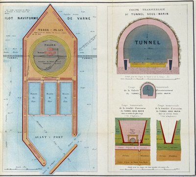 Plany „”Pamięć o planach nowego projektu podwodnego tunelu między Anglią a Francją wyprodukowanego na Wystawie Światowej 1867”” autorstwa M.A. Thomé de Gamond autorstwa French School