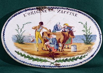 Tablica przedstawiająca Powstanie szczepień, koniec XVIII w. (ceramika szkliwiona) autorstwa French School