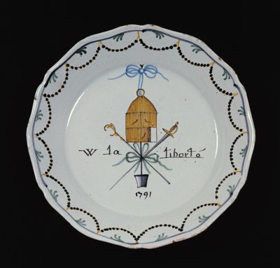 Talerz z otwartą klatką dla ptaków i legendą Vive la Liberte, 1791 (ceramika) autorstwa French School