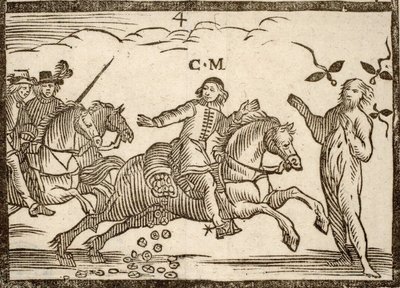 Broszury polityczne Mazarinade: Mazarin w swoim locie spada ecu: cień Concini, marszałka Anchor, stoi przed nim. Grawerowane drewno 1651. autorstwa French School