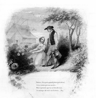 Biedny Jacques. Młoda dziewczyna klęczy przed kwiatami w pobliżu ogrodnika. Grawer w „”Chants et chansons populaire de la France””, Tom 2 autorstwa French School