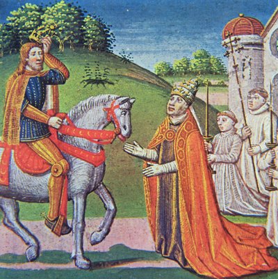 Papież Adrian I spotyka Karola Wielkiego, miniatura z „Kronik Francji”, wyd. A.Verard, Paryż autorstwa French School