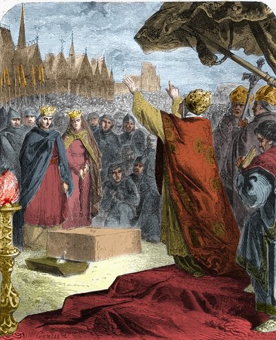 Papież Aleksander III (Orlando Bandinelli) (Alessandro III) położył w 1163 roku pierwszy kamień katedry Notre Dame de Paris (Notre-Dame) w obecności króla Francji Ludwika VII i eveque Maurice de Sully. autorstwa French School