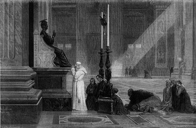 Papież Pius IX (1792-1878) modlił się przy figurze św. Piotra w Bazylice św. Piotra w Rzymie. Grawer z „”Rzym: opis i pamiątki”” Francisa Weya, lata 1870. autorstwa French School