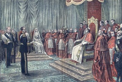 Papież Pius XI przyjmuje na uroczystej audiencji władców Hiszpanii w "Le Pelerin autorstwa French School