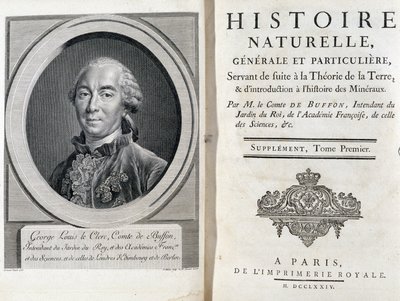 Portret i strona tytułowa „”Historia naturalna, ogólna i szczególna”” autorstwa Buffon autorstwa French School