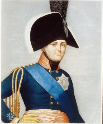 Portret cara Aleksandra I Pawłowicza (1777-1825) (Portret cesarza Aleksandra I). Ubrana w niebieską szarfę Rycerzy Zakonu Ducha Świętego i haftowane insygnia Cesarskiego Zakonu Świętego Andrzeja. Dzieło francuskiego mistrza, litografia mi autorstwa French School