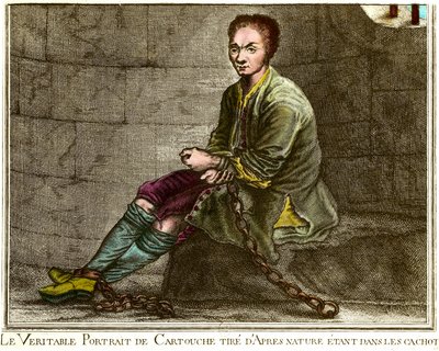 Portret en pied de Louis Dominique Cartridge (1693-1721), francuski bandyta w swoim lochu Grawerowanie XVIII wieku Prywatna kolekcja autorstwa French School