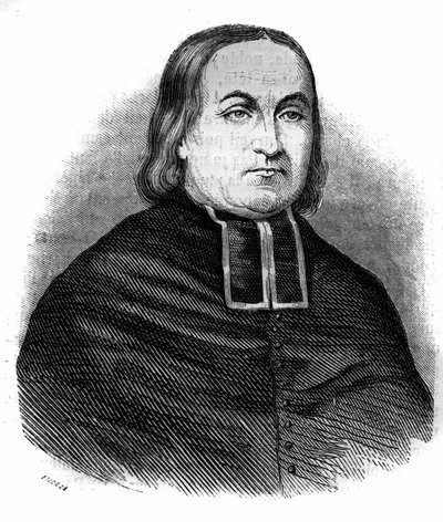 Portret opactwa Theodore Combalot (1798-1873), francuskiego duchownego, założyciela Kongresu „Zakonnika Wniebowzięcia NMP”. Grawerowanie z 1852 roku. autorstwa French School