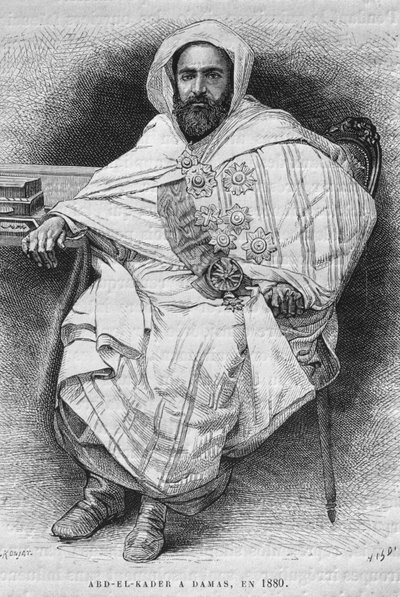 Portret Abd el-Kadera w Damaszku w 1880 (1808-1883), z dzisiejszej Syrii. Podróżuje po Fenicji, Libanie i Judei. 1875-1880 Louis Charles Emile Lortet, 1884 (bw grawerowanie) autorstwa French School