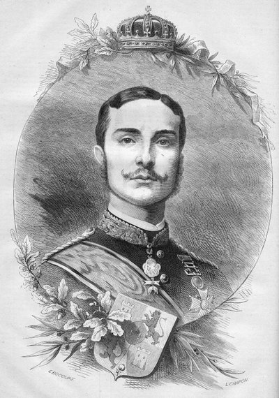 Portret Alfonsa XII (Alfonsa) (1857-1885), króla Hiszpanii. Grawer w „Le Monde Illustré” nr 1085 z 19 stycznia 1878 r. autorstwa French School