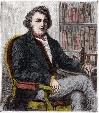 Portret Andre Marie Ampere (1775-1836) Francuski fizyk - Andre-Marie Ampere (1775-1836), francuski fizyk i pionier elektrodynamiki - Grawerowanie w „”Sciences mise à la range de tous – Physical et chimie populaires” autorstwa Alexisa Kleryk - koniec XIX w. autorstwa French School