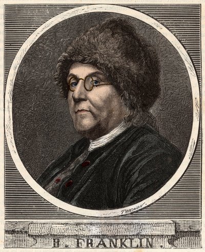 Portret BENJAMINA FRANKLINA (1706-1790) Amerykański drukarz, wydawca, naukowiec, wynalazca, mąż stanu i dyplomata - Portret Benjamina Franklina (1706-1790), amerykańskiego fizyka, filozofa i polityka - Grawerowanie w „”Nauki w zasięgu ręki autorstwa French School