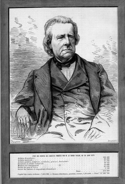 Portret barona Taylora (Isidore Justin Severin Taylor, dit) (1789-1879), francuskiego dramatopisarza i filantropa. Grawer w „”Le Monde Illustré””n°1172 z dnia 13 września 1879 r. autorstwa French School