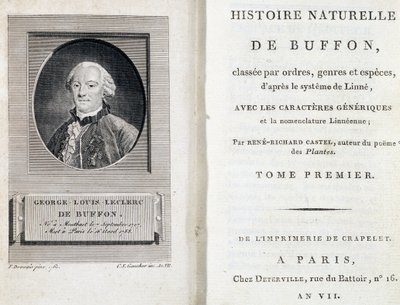 Portret Buffona i strona tytułowa "Historii naturalnej Buffona" sklasyfikowanej według rzędów, rodzajów i gatunków, zgodnie z systemem Linneusza. autorstwa French School