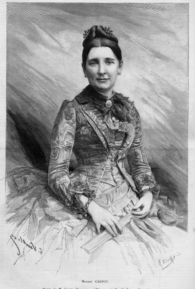 Portret Cecile Carnot (z domu Dupont-White lub Dupont White) (1841-1898), żony Sadi Carnot, prezydenta Republiki Francuskiej. Grawer w „Le Monde Illustré” nr 1678 z dnia 25 maja 1889 r. autorstwa French School