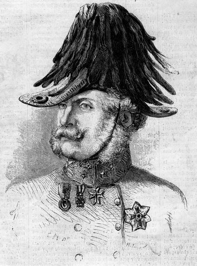 Portret hrabiego Ferencza Gyulai (1797-1868), generała porucznika feld, dowodzącego wojskami austriackimi w prowincjach lombardzkich. Grawerowanie w „”Le Monde Illustré””n°107 z 30 kwietnia autorstwa French School