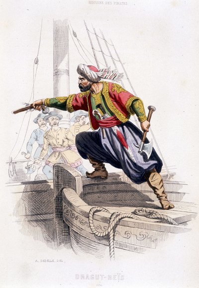Portret Draguta - Reïs, turecki pirat z XVI wieku - w „”Historii piratów i korsarzy Oceanu i Morza Śródziemnego”” P. Christiana, Paryż, wyd. D. Cavaillés, Tom 1 autorstwa French School