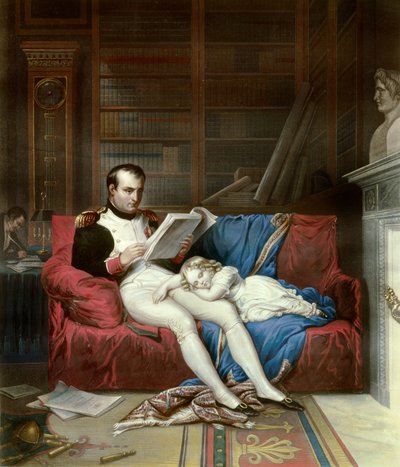 Na jego kolanach spali portret cesarza Napoleona I (1769-1821) i jego syna, króla Rzymu Napoleona II, księcia Reichstadtu (1811-1832). Grawerowanie XIX-wiecznej Malmaison, musee du chateau autorstwa French School