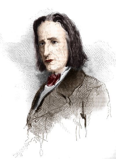 Portret Franciszka Liszta (Listza) (1811-1886), węgierskiego kompozytora i pianisty. Grawerowanie z lat 1865-1866. autorstwa French School