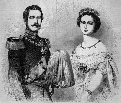 Portret Fryderyka Guilllaume z Prus (1831-1888, przyszłego Fryderyka III, króla Prus i cesarza Niemiec) i jego narzeczonej, angielska księżna Wiktoria (1840-1901). Grawer w „Le Monde Illustré” nr 41 z 23 stycznia 1858 r. autorstwa French School