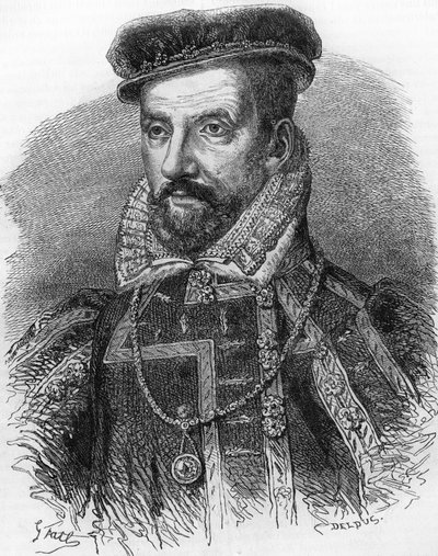 Portret Gasparda de Coligny, zwanego admirałem de Coligny (1519-1572). W „”Popularnej historii Francji””, bd. ok. 1885 r. Grawerowanie. autorstwa French School