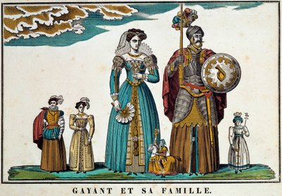 Portret Gayanta, olbrzyma symbolizującego miasto Douai, przedstawia wraz z rodziną: żonę Marie Cagenon i troje dzieci: Jacquot, Fillon i Binbin. Grawerunek z XVIII wieku, obrazy Belforta. Kolekcja Ferrand autorstwa French School