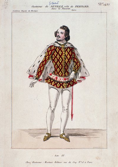 Portret Gilberta Dupreza, francuskiego tenora i kompozytora w „La Favourite” Gaetano Donizettiego (kolorowa grawerunek) autorstwa French School