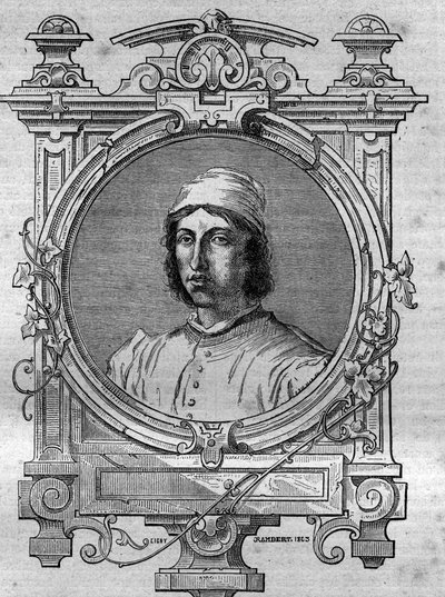 Portret Herimara, opata Saint Denis z Reims (zm. 1070). Grawer w „Historii papieży-królów-królowych i cesarzy na przestrzeni wieków”” Maurice Lachatre autorstwa French School