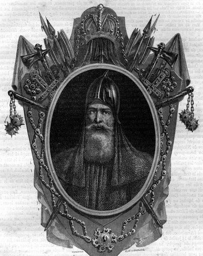 Portret księcia ruskiego Igora, księcia varegue, władcy „Rusi” kijowskiej od 912 do 945. Rycina w „Histoire des Papes-Rois-Queen and Empereurs a travers les century”” Maurice Lachatre autorstwa French School