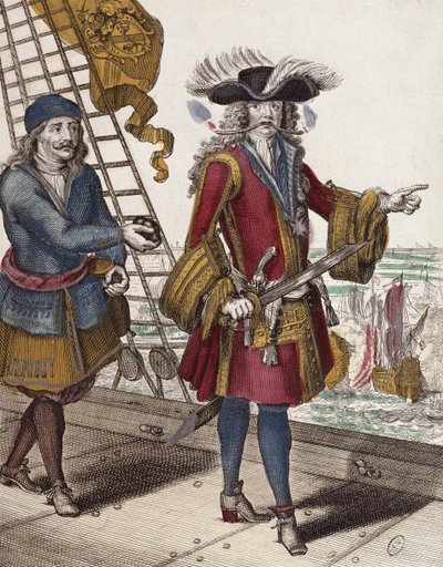 Portret Jeana Barta (1650-1702) trzymającego w ustach płonący lont podczas starcia na morzu (kolorowe grawerowanie) autorstwa French School