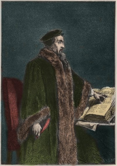 Portret Jeana Calvina (Jean Cauvin) (1509-1564), francuskiego reformatora religijnego i pisarza - Johna Calvina - rycina z „”Historia Francji opowiedziana moim wnukom”” - Francois Guizot - 1872-1876 autorstwa French School