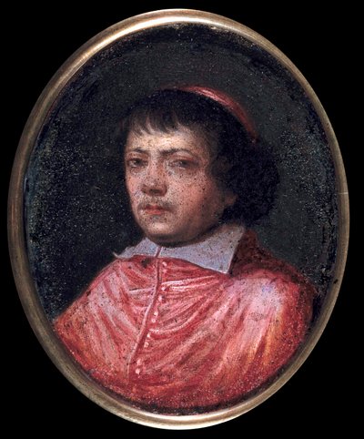 Portret Jean Francois Paul de Gondi (Jean-Francois-Paul de Gondy) (1614-1679) Kardynał de Retz, koadiutor Archeveque w Paryżu, kardynał w 1651 Miniaturowy obraz z XVII wieku. Chantilly, Muzeum Conde autorstwa French School
