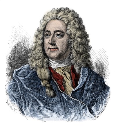 Portret Johna Lawa (1671 - 1729) Kontroler finansowy, szkocki dział finansowy odpowiedzialny za bankructwo (zdarzenie przy Rue Quincampoix) - grawer z „” L