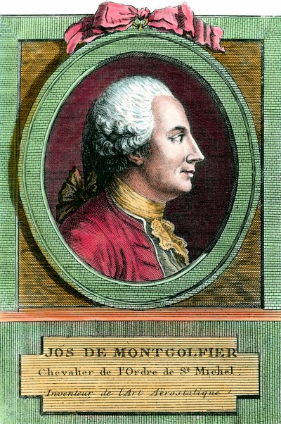 Portret Josepha de Montgolfiera (1740 - 1810) wynalazcy balonu na ogrzane powietrze. Rycina z XVIII wieku. Prywatna kolekcja. autorstwa French School