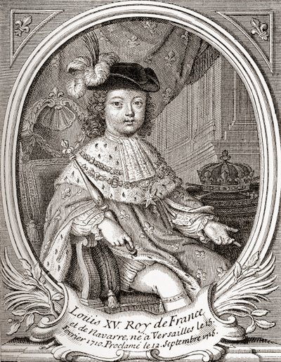 Portret Ludwika XV jako dziecko, 1710 1774. Monarcha Burbonów, który rządził jako król Francji i Nawarry. Z Les Heures Libres opublikowanego w 1908 roku. autorstwa French School