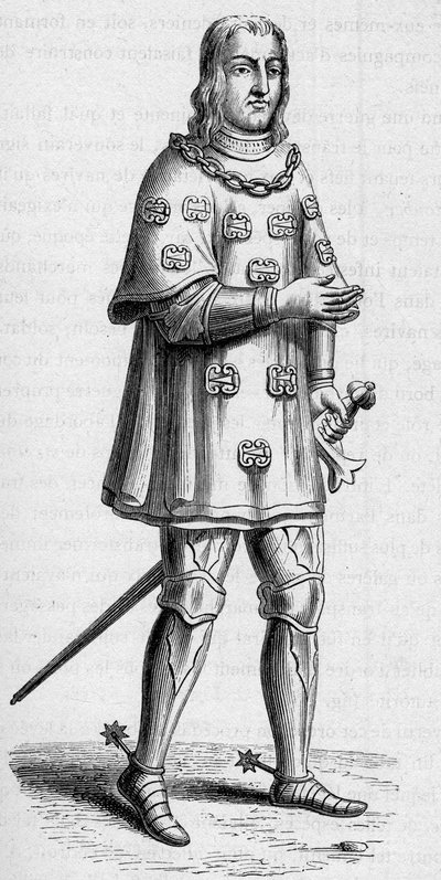 Portret Louisa de Maleta, pana Graville (ok. 1441-ok. 1519), admirała Francji w 1487, w kostiumie wojennym i turniejowym. Grawerowanie w „La Marine et les colonies: commerce” autorstwa French School