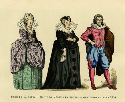 Portret Marii Medycejskiej (1573-1642), królowej Francji, w habicie wdowy, w otoczeniu damy dworu i pana, ok. 1620 r. Kolorowa rycina, we „Francja et les francais a travers les siecles” autorstwa Augustin Challamel, redaktor F.Roy, Paryż 18 autorstwa French School