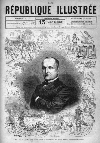 Portret Monsieur Claude (Antoine Francois Claude dit) (1807-1880), francuskiego policjanta i pisarza, szefa policji bezpieczeństwa II Cesarstwa. Gazeta. Rycina z 1880 r. w prywatnej kolekcji „La republique illustree”. autorstwa French School