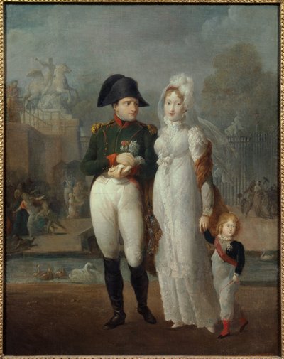 Portret Napoleona I (1769-1821) i Marii Louise z ich synem, królem Rzymu Napoleonem II, księciem Reichstadt w Ogrodach Tuileries Obraz Anonimowy. XIX-wieczna kolekcja prywatna - Portret Napoleona I (1769-1821) i Marii Ludwiki z ich so autorstwa French School