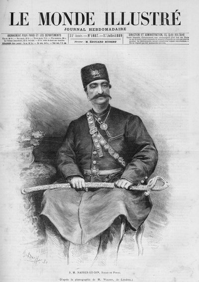 Portret Nassera Eda Dina (1831-1896), szacha perskiego (Iran). Nazywany również Nasseredin Shah, Nasserer-al-Din Shah Qajar, Nasser al-Din Shah Qajar, Nasiruddin Shah. Jedna z gazet „Le Monde Illustré” nr. 1687 z 27 lipca autorstwa French School
